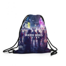 Рюкзак-мешок 3D с принтом WATCH DOGS LEGION в Ухте, 100% полиэстер | плотность ткани — 200 г/м2, размер — 35 х 45 см; лямки — толстые шнурки, застежка на шнуровке, без карманов и подкладки | action | ct os | ded sec | fox | game | hacker | legion | watch dogs | watch dogs 2 | watch dogs legion | знак лиса | игра | компьютерная игра | легион | хакер