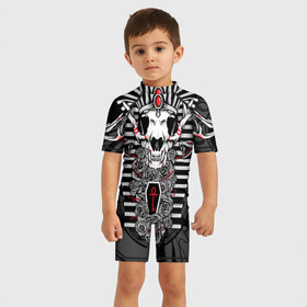 Детский купальный костюм 3D с принтом Anubis - dead god в Ухте, Полиэстер 85%, Спандекс 15% | застежка на молнии на спине | anubis | dog | egypt | flowers | god | head | божество | голова | змеи | клыки | рога | собака | цветы