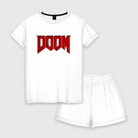 Женская пижама с шортиками хлопок с принтом DOOM в Ухте, 100% хлопок | футболка прямого кроя, шорты свободные с широкой мягкой резинкой | bethesda | dead | death | doom | doom eternal | game | games | metal | monster | ps4 | space | steam | xbox | дум | игра | космос | метал | меч | экшн