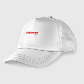 Детская кепка тракер с принтом Rammstein в Ухте, Козырек - 100% хлопок. Кепка - 100% полиэстер, Задняя часть - сетка | универсальный размер, пластиковая застёжка | guitar | hard | heavymetal | metal | music | rammstein | rock | supreme | гитара | картинка | картинки | метал | мода | музыка | рамштайн | рок | суприм | тренд | тренды | треш | трэш | тяжелый | хард