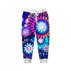 Детские брюки 3D с принтом Неоновые Цветы в Ухте, 100% полиэстер | манжеты по низу, эластичный пояс регулируется шнурком, по бокам два кармана без застежек, внутренняя часть кармана из мелкой сетки | неон | неоновые принты | неоновые цветы | растение | цветы
