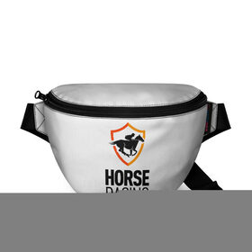 Поясная сумка 3D с принтом Horse racing в Ухте, 100% полиэстер | плотная ткань, ремень с регулируемой длиной, внутри несколько карманов для мелочей, основное отделение и карман с обратной стороны сумки застегиваются на молнию | Тематика изображения на принте: animal | black | emblem | horse | rider | riding | slogan | sport | text | white | белый | езда | животное | конь | лошадь | наездник | слоган | спорт | текст | черный | эмблема