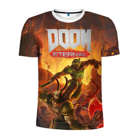 Мужская футболка 3D спортивная с принтом Doom в Ухте, 100% полиэстер с улучшенными характеристиками | приталенный силуэт, круглая горловина, широкие плечи, сужается к линии бедра | Тематика изображения на принте: cacodemon | doom | eternal | вечность | вечный | дум | итёрнал | какодемон | этернал