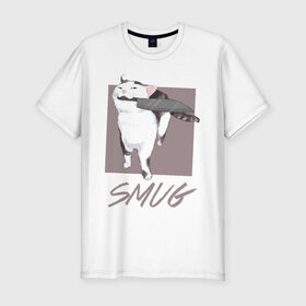 Мужская футболка премиум с принтом Smug Cat в Ухте, 92% хлопок, 8% лайкра | приталенный силуэт, круглый вырез ворота, длина до линии бедра, короткий рукав | cat | cats | knife | meme | картинки | котики | коты | кошки | мемы | прикольное