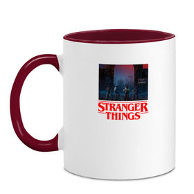 Кружка двухцветная с принтом STRANGER THINGS в Ухте, керамика | объем — 330 мл, диаметр — 80 мм. Цветная ручка и кайма сверху, в некоторых цветах — вся внутренняя часть | 11 | stranger things | одди | одиннадцатая | очень странные дела | сериалы