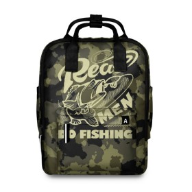 Женский рюкзак 3D с принтом Real men do fishing в Ухте, 100% полиэстер | лямки с регулируемой длиной, сверху ручки, чтобы рюкзак нести как сумку. Основное отделение закрывается на молнию, как и внешний карман. Внутри два дополнительных кармана, один из которых закрывается на молнию. По бокам два дополнительных кармашка, куда поместится маленькая бутылочка
 | bait | black | fish | fisherman | fishing | hook | man | white | белый | занимается | камуфляж | крючок | мужчина | наживка | настоящий | реальный | рыба | рыбак | рыбалка | черный