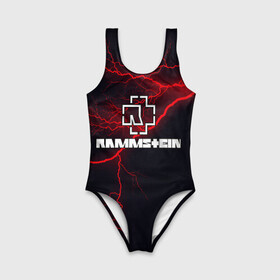 Детский купальник 3D с принтом Rammstein. в Ухте, Полиэстер 85%, Спандекс 15% | Слитный крой, подклад по переду изделия, узкие бретели | 3d | hard | logo | metal | music | rammstein | rock | гроза | знак | иллюстрация | лого | метал | молния | музыка | рамштайн | рок | символ | текстура
