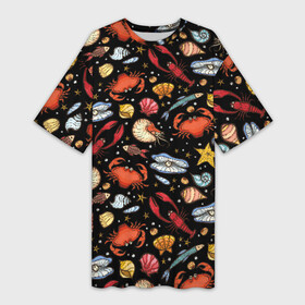 Платье-футболка 3D с принтом Морские обитатели в Ухте,  |  | children | crabs | crayfish | drawing | fish | funny | inhabitants | ocean | pearls | sea | shellfish | shells | shrimps | весёлый | детский | жемчуг | крабы | креветки | моллюски | море | морские | обитатели | океан | раки | ракушки | рисунок | рыбы