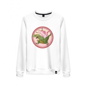 Женский свитшот хлопок с принтом Вперёд к мечте! в Ухте, 100% хлопок | прямой крой, круглый вырез, на манжетах и по низу широкая трикотажная резинка  | bird born | арт | единорог | животные | иллюстрация | ирония | комиксы | мечта | милота | мотивация | тирекс | юмор