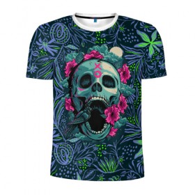 Мужская футболка 3D спортивная с принтом Череп В Цветах в Ухте, 100% полиэстер с улучшенными характеристиками | приталенный силуэт, круглая горловина, широкие плечи, сужается к линии бедра | воробей | стиль | цветы | череп