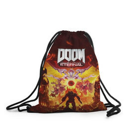 Рюкзак-мешок 3D с принтом DOOM Eternal в Ухте, 100% полиэстер | плотность ткани — 200 г/м2, размер — 35 х 45 см; лямки — толстые шнурки, застежка на шнуровке, без карманов и подкладки | Тематика изображения на принте: 2019 | bethesda | demon | doom | eternal | ethernal | game | games | logo | monster | runes | демон | дум | дуум | етернал | игра | игры | какодемон | кровь | лого | логотип | монстр | монстры | руны | символ | этернал