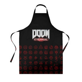 Фартук 3D с принтом DOOM Eternal в Ухте, 100% полиэстер | общий размер — 65 х 85 см, ширина нагрудника — 26 см, горловина — 53 см, длина завязок — 54 см, общий обхват в поясе — 173 см. Принт на завязках и на горловине наносится с двух сторон, на основной части фартука — только с внешней стороны | 2019 | bethesda | demon | doom | eternal | ethernal | game | games | logo | monster | runes | демон | дум | дуум | етернал | игра | игры | какодемон | кровь | лого | логотип | монстр | монстры | руны | символ | этернал