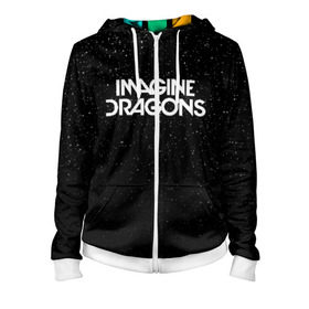 Женская толстовка 3D на молнии с принтом IMAGINE DRAGONS (КАПЮШОН) в Ухте, 100% полиэстер | длина до линии бедра, манжеты и пояс оформлены мягкой тканевой резинкой, двухслойный капюшон со шнурком для регулировки, спереди молния, по бокам два кармана | Тематика изображения на принте: evolve | id | imagine dragons | драконы | ид