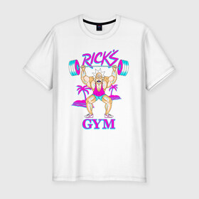 Мужская футболка премиум с принтом Rick`s GYM в Ухте, 92% хлопок, 8% лайкра | приталенный силуэт, круглый вырез ворота, длина до линии бедра, короткий рукав | Тематика изображения на принте: c 137 | morty | morty smith | portal | rick | rick and morty | rick sanchez | sanchez | smith | морти | морти смит | портал | рик | рик и морти | рик санчез | санчез | смит