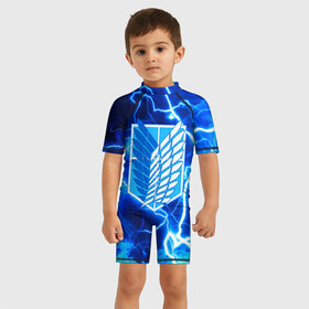 Детский купальный костюм 3D с принтом АТАКА ТИТАНОВ. Голубые молнии в Ухте, Полиэстер 85%, Спандекс 15% | застежка на молнии на спине | attack on titan | monsters | атака титанов | монстры | титаны