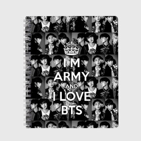 Тетрадь с принтом I am army and I lover BTS в Ухте, 100% бумага | 48 листов, плотность листов — 60 г/м2, плотность картонной обложки — 250 г/м2. Листы скреплены сбоку удобной пружинной спиралью. Уголки страниц и обложки скругленные. Цвет линий — светло-серый
 | bangtan boys | beyond the scene | boyband | boys | bts | chin | chonguk | collage | crown | edm | flowers | hip hop | jimin | jj hope | k pop | photo | r  b | rm | south korean | suga | wee | бойбенд | ви | джей хоуп | коллаж | корона | мальчики | с