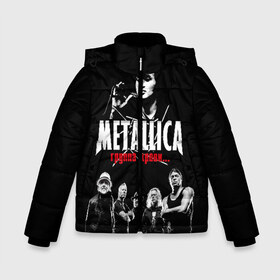 Зимняя куртка для мальчиков 3D Metallica Группа крови: в Ухте, ткань верха — 100% полиэстер; подклад — 100% полиэстер, утеплитель — 100% полиэстер | длина ниже бедра, удлиненная спинка, воротник стойка и отстегивающийся капюшон. Есть боковые карманы с листочкой на кнопках, утяжки по низу изделия и внутренний карман на молнии. 
Предусмотрены светоотражающий принт на спинке, радужный светоотражающий элемент на пуллере молнии и на резинке для утяжки | american | cinema | james hetfield | kirk hammett | lar | metal band | metallica | rock band | soviet | victor | американская | виктор | группа крови | джеймс хетфилд | кино | кирк хэмметт | ларс ульрих | метал группа | металлика | роберт трухил