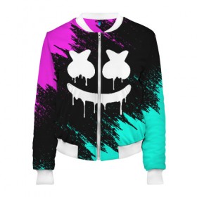 Женский бомбер 3D с принтом MARSHMELLO MELT в Ухте, 100% полиэстер | застегивается на молнию, по бокам два кармана без застежек, мягкие манжеты, по низу бомбера и на воротнике — эластичная резинка | america | dj | marshmello | usa | америка | брызги | краски | маршмелло