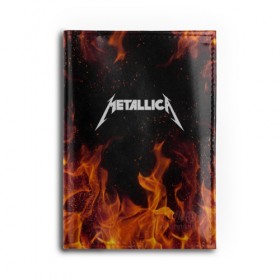 Обложка для автодокументов с принтом METALLICA (НА СПИНЕ) в Ухте, натуральная кожа |  размер 19,9*13 см; внутри 4 больших “конверта” для документов и один маленький отдел — туда идеально встанут права | Тематика изображения на принте: fire | flame | metallica | металлика | огонь | пламя