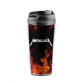 Термокружка-непроливайка с принтом METALLICA (НА СПИНЕ) в Ухте, внутренняя часть — пищевой пластик, наружная часть — прозрачный пластик, между ними — полиграфическая вставка с рисунком | объем — 350 мл, герметичная крышка | fire | flame | metallica | металлика | огонь | пламя
