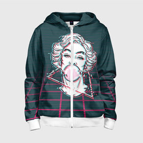 Детская толстовка 3D на молнии с принтом blowing bubble gum glitch в Ухте, 100% полиэстер |  манжеты и пояс оформлены широкой мягкой резинкой, двухслойный капюшон со шнурком для регулировки, спереди карманы и застежка-молния
 | Тематика изображения на принте: blowing | bubble gum | абстракция | глитч | девушка | жвачка | линии | мода | психоделика | пузырь