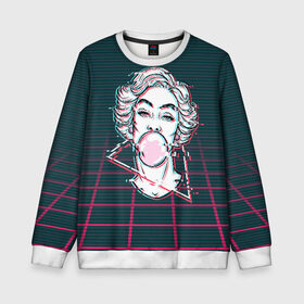 Детский свитшот 3D с принтом blowing bubble gum glitch в Ухте, 100% полиэстер | свободная посадка, прямой крой, мягкая тканевая резинка на рукавах и понизу свитшота | Тематика изображения на принте: blowing | bubble gum | абстракция | глитч | девушка | жвачка | линии | мода | психоделика | пузырь