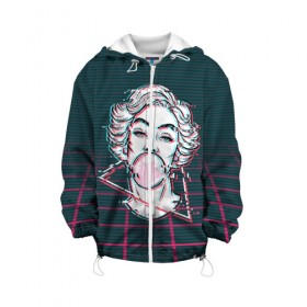 Детская куртка 3D с принтом blowing bubble gum glitch в Ухте, 100% полиэстер | застежка — молния, подол и капюшон оформлены резинкой с фиксаторами, по бокам — два кармана без застежек, один потайной карман на груди, плотность верхнего слоя — 90 г/м2; плотность флисового подклада — 260 г/м2 | Тематика изображения на принте: blowing | bubble gum | абстракция | глитч | девушка | жвачка | линии | мода | психоделика | пузырь