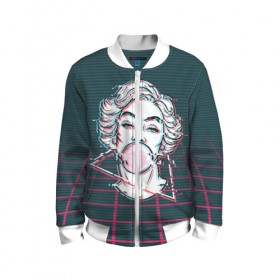 Детский бомбер 3D с принтом blowing bubble gum glitch в Ухте, 100% полиэстер | застегивается на молнию, по бокам два кармана без застежек, мягкие манжеты, по низу бомбера и на воротнике — эластичная резинка | Тематика изображения на принте: blowing | bubble gum | абстракция | глитч | девушка | жвачка | линии | мода | психоделика | пузырь