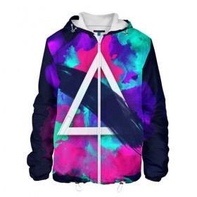Мужская куртка 3D с принтом COLOR TRIANGLE в Ухте, ткань верха — 100% полиэстер, подклад — флис | прямой крой, подол и капюшон оформлены резинкой с фиксаторами, два кармана без застежек по бокам, один большой потайной карман на груди. Карман на груди застегивается на липучку | bright | colorful | cool | disco | music | music lover | retro | speaker | tape recorder | technique | vintage | винтаж | динамик | диско | магнитофон | меломан | музыка | неон | разноцветный | ретро | техника