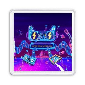 Магнит 55*55 с принтом RETRO ROBOT CAT в Ухте, Пластик | Размер: 65*65 мм; Размер печати: 55*55 мм | Тематика изображения на принте: bright | colorful | cool | disco | music | music lover | retro | speaker | tape recorder | technique | vintage | винтаж | динамик | диско | магнитофон | меломан | музыка | неон | разноцветный | ретро | техника