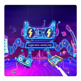 Магнитный плакат 3Х3 с принтом RETRO ROBOT CAT в Ухте, Полимерный материал с магнитным слоем | 9 деталей размером 9*9 см | Тематика изображения на принте: bright | colorful | cool | disco | music | music lover | retro | speaker | tape recorder | technique | vintage | винтаж | динамик | диско | магнитофон | меломан | музыка | неон | разноцветный | ретро | техника