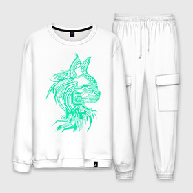 Мужской костюм хлопок с принтом Maine Coon в Ухте, 100% хлопок | на свитшоте круглая горловина, мягкая резинка по низу. Брюки заужены к низу, на них два вида карманов: два “обычных” по бокам и два объемных, с клапанами, расположенные ниже линии бедра. Брюки с мягкой трикотажной резинкой на поясе и по низу штанин. В поясе для дополнительного комфорта — широкие завязки | Тематика изображения на принте: cat | chips | cyber cat | cyber light | cyber punk | maine coon | maine coon cat | neon | neon light | xacker cat