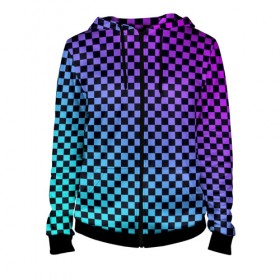 Женская толстовка 3D на молнии с принтом Checkerboard gradient в Ухте, 100% полиэстер | длина до линии бедра, манжеты и пояс оформлены мягкой тканевой резинкой, двухслойный капюшон со шнурком для регулировки, спереди молния, по бокам два кармана | Тематика изображения на принте: checkerboard | gradient | бойчик | градиент | клетка. ячейка | орнамент | френдзона | шахматная. доска | шашечки