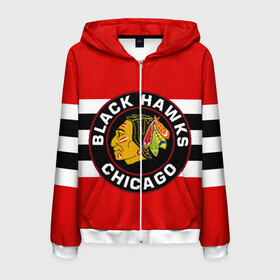 Мужская толстовка 3D на молнии с принтом Chicago Blackhawks в Ухте, 100% полиэстер | длина до линии бедра, манжеты и пояс оформлены мягкой тканевой резинкой, двухслойный капюшон со шнурком для регулировки, спереди молния, по бокам два кармана | blackhawks | chicago | индеец | чикаго блээкхокс