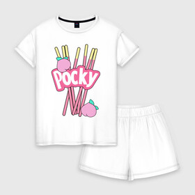 Женская пижама с шортиками хлопок с принтом KAWAII POCKY в Ухте, 100% хлопок | футболка прямого кроя, шорты свободные с широкой мягкой резинкой | kawaii | kawaii pocky | pocky | pocky купить | pocky палочки | кавай | японские pocky