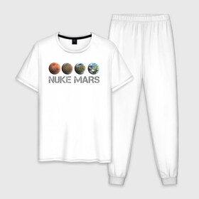 Мужская пижама хлопок с принтом NUKE MARS в Ухте, 100% хлопок | брюки и футболка прямого кроя, без карманов, на брюках мягкая резинка на поясе и по низу штанин
 | elon | mars | musk | nuke | земля | илон | марс | маск | планета | терраформирование | ядерный