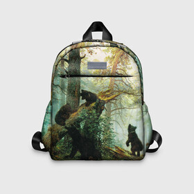 Детский рюкзак 3D с принтом Утро в сосновом лесу в Ухте, 100% полиэстер | лямки с регулируемой длиной, сверху петелька, чтобы рюкзак можно было повесить на вешалку. Основное отделение закрывается на молнию, как и внешний карман. Внутри дополнительный карман. По бокам два дополнительных кармашка | живопись | искусство | картина | художники | шедевры