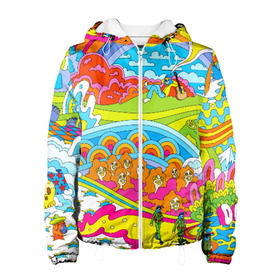 Женская куртка 3D с принтом ХИППИ в Ухте, ткань верха — 100% полиэстер, подклад — флис | прямой крой, подол и капюшон оформлены резинкой с фиксаторами, два кармана без застежек по бокам, один большой потайной карман на груди. Карман на груди застегивается на липучку | abstract | abstraction | color | geometry | paitnt | psy | абстракция | геометрия | краски | неоновые | психоделика