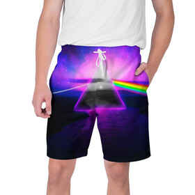 Мужские шорты 3D с принтом PINK FLOYD в Ухте,  полиэстер 100% | прямой крой, два кармана без застежек по бокам. Мягкая трикотажная резинка на поясе, внутри которой широкие завязки. Длина чуть выше колен | music | pink floyd | the dark side of the moon | космос | луна | музыка | пинк флойд | призма | рок | треугольник | триангулярная призма