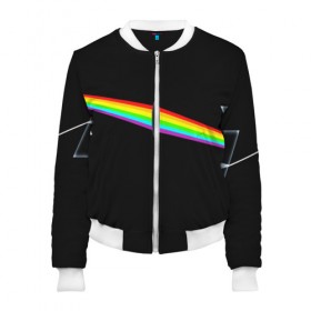 Женский бомбер 3D с принтом PINK FLOYD в Ухте, 100% полиэстер | застегивается на молнию, по бокам два кармана без застежек, мягкие манжеты, по низу бомбера и на воротнике — эластичная резинка | music | pink floyd | the dark side of the moon | космос | луна | музыка | пинк флойд | призма | рок | треугольник | триангулярная призма