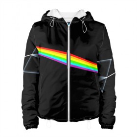 Женская куртка 3D с принтом PINK FLOYD в Ухте, ткань верха — 100% полиэстер, подклад — флис | прямой крой, подол и капюшон оформлены резинкой с фиксаторами, два кармана без застежек по бокам, один большой потайной карман на груди. Карман на груди застегивается на липучку | music | pink floyd | the dark side of the moon | космос | луна | музыка | пинк флойд | призма | рок | треугольник | триангулярная призма