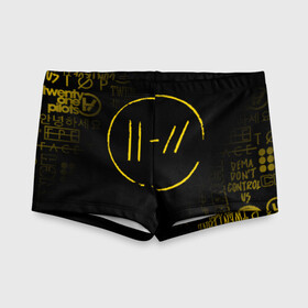 Детские купальные плавки 3D с принтом TWENTY ONE PILOTS в Ухте, Полиэстер 85%, Спандекс 15% | Слитный крой, подклад по переду изделия, узкие бретели | Тематика изображения на принте: 21 pilots | 21p | bandito | blurryface | chlorine | joshua | ned | top | trench | twenty one pilots | tyler | бандито | нэд | тренч