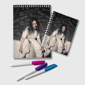 Блокнот с принтом BILLIE EILISH - Where Do We Go в Ухте, 100% бумага | 48 листов, плотность листов — 60 г/м2, плотность картонной обложки — 250 г/м2. Листы скреплены удобной пружинной спиралью. Цвет линий — светло-серый
 | all | asleep | bad | bellyache | billie | blohsh | dont | eilish | eyes | fall | guy | logo | music | ocean | singer | smile | when | айлиш | били | билли | бэрд | лого | музыка | пайрат | певица | символ | эйлиш