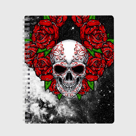 Тетрадь с принтом Skull and Roses в Ухте, 100% бумага | 48 листов, плотность листов — 60 г/м2, плотность картонной обложки — 250 г/м2. Листы скреплены сбоку удобной пружинной спиралью. Уголки страниц и обложки скругленные. Цвет линий — светло-серый
 | flowers | muertos | roses | skull | space | tribal | звезды | космос | лепестки | муэртос | розы | трайбл | цветы | череп