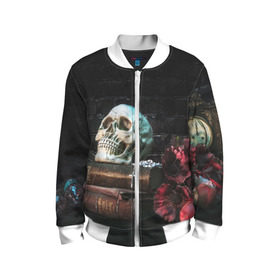 Детский бомбер 3D с принтом ГОТИКА в Ухте, 100% полиэстер | застегивается на молнию, по бокам два кармана без застежек, мягкие манжеты, по низу бомбера и на воротнике — эластичная резинка | abstract | abstraction | bones | fantasy | skull | голова | кости | скилет | череп