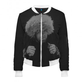 Женский бомбер 3D с принтом Хабиб Нурмагомедов в Ухте, 100% полиэстер | застегивается на молнию, по бокам два кармана без застежек, мягкие манжеты, по низу бомбера и на воротнике — эластичная резинка | khabib | khabib nurmagomedov | khabib the eagle | khabib time | хабиб | хабиб нурмагомедов | хабиб орел