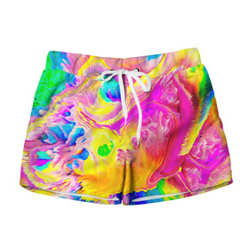 Женские шорты 3D с принтом КРАСКИ в Ухте, 100% полиэстер | прямой крой, два кармана без застежек по бокам. Мягкая трикотажная резинка на поясе, внутри которой широкие завязки. Длина до середины бедра | abstract | abstraction | color | geometry | paitnt | psy | абстракция | геометрия | краски | неоновые | психоделика