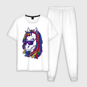 Мужская пижама хлопок с принтом RastaUnicorn в Ухте, 100% хлопок | брюки и футболка прямого кроя, без карманов, на брюках мягкая резинка на поясе и по низу штанин
 | color | dreads | glases | unicorn | дреды | единорог | конь | лошадь | очки | рог | уши | цветной