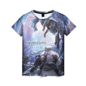 Женская футболка 3D с принтом Monster Hunter: World Iceborn в Ухте, 100% полиэфир ( синтетическое хлопкоподобное полотно) | прямой крой, круглый вырез горловины, длина до линии бедер | hunter | iceborn | monster | world | айсборн | ворлд | монстр | хантер