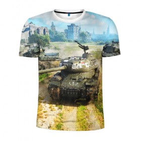 Мужская футболка 3D спортивная с принтом ТАНКИ в Ухте, 100% полиэстер с улучшенными характеристиками | приталенный силуэт, круглая горловина, широкие плечи, сужается к линии бедра | game | tank | war | боевой танк | война | выстрел | дым | игра | искры | огонь | пламя | танк | танкист | техника
